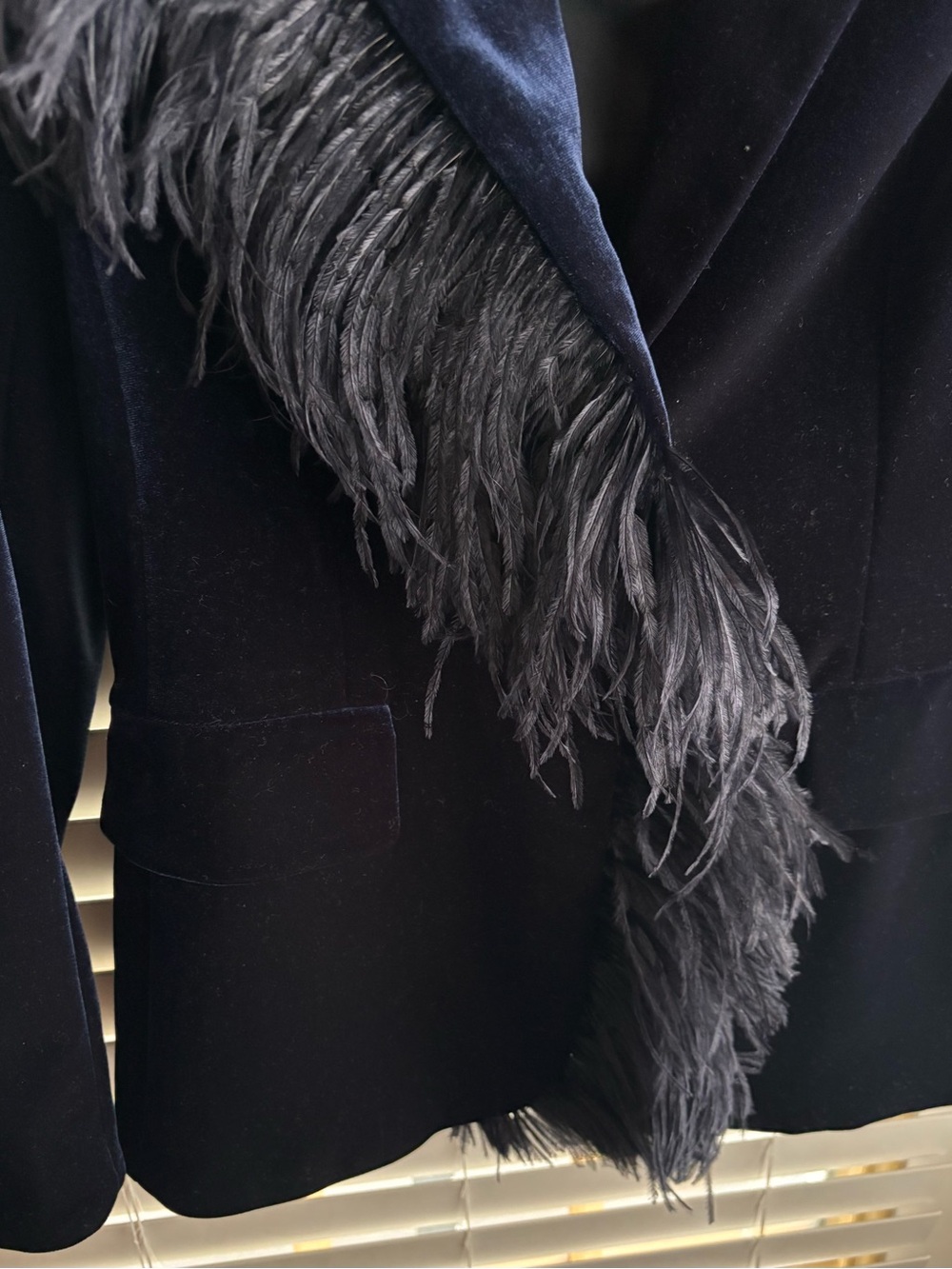 Rickie Freeman for Teri Jon Navy Velvet Blazer with Black Ostrich Feather Trim - Picture 9 of 11